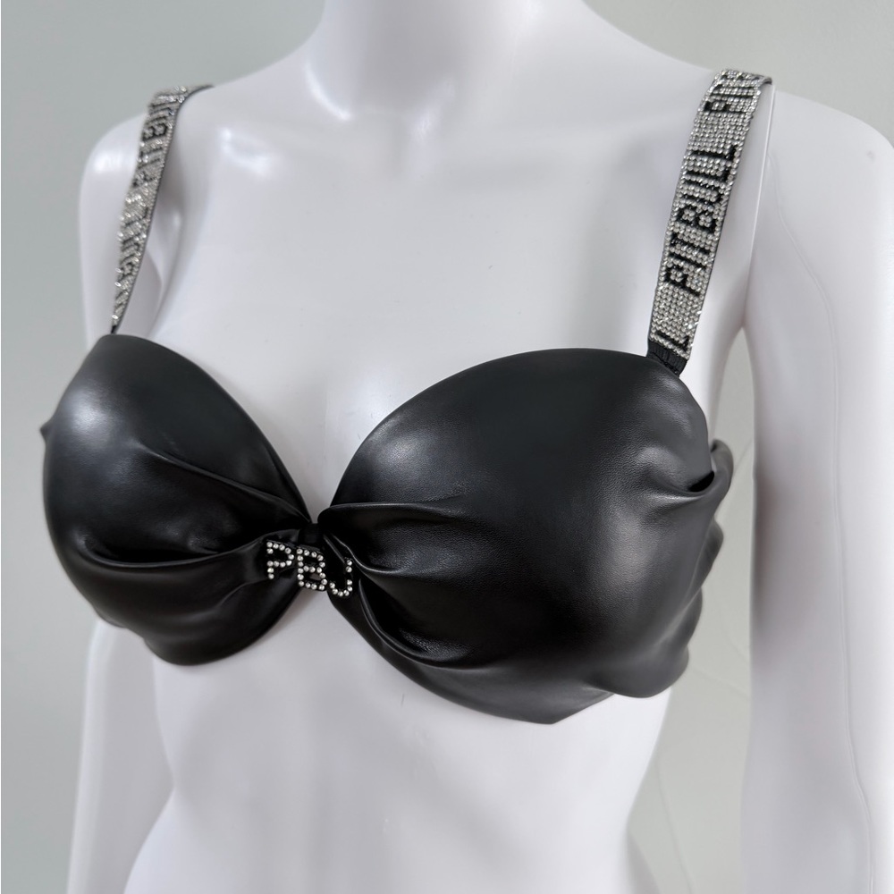 New Pitbull Y2K Streetwear Chic Black Leather Crop Top with Silver Accents S - Picture 5 of 6